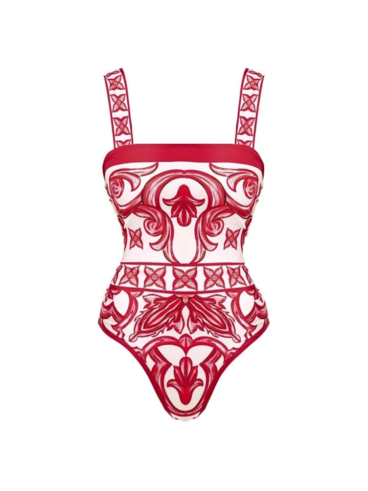 Ethnic Print One-Piece Swimsuit Set