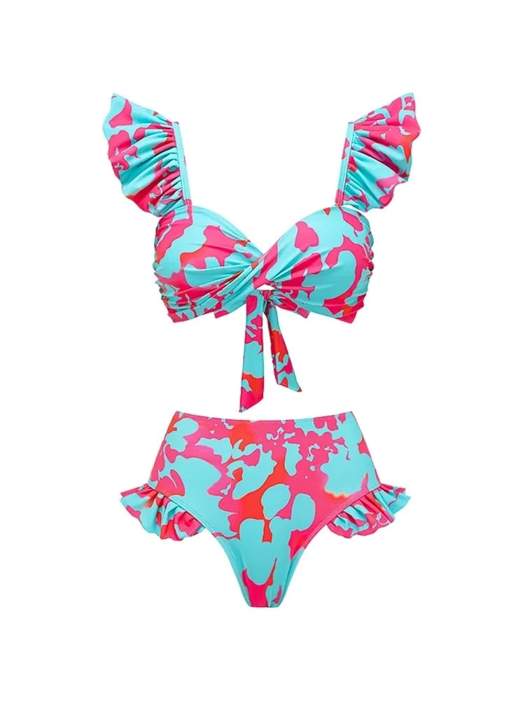 Ruffle Floral High-Waist Bikini Set