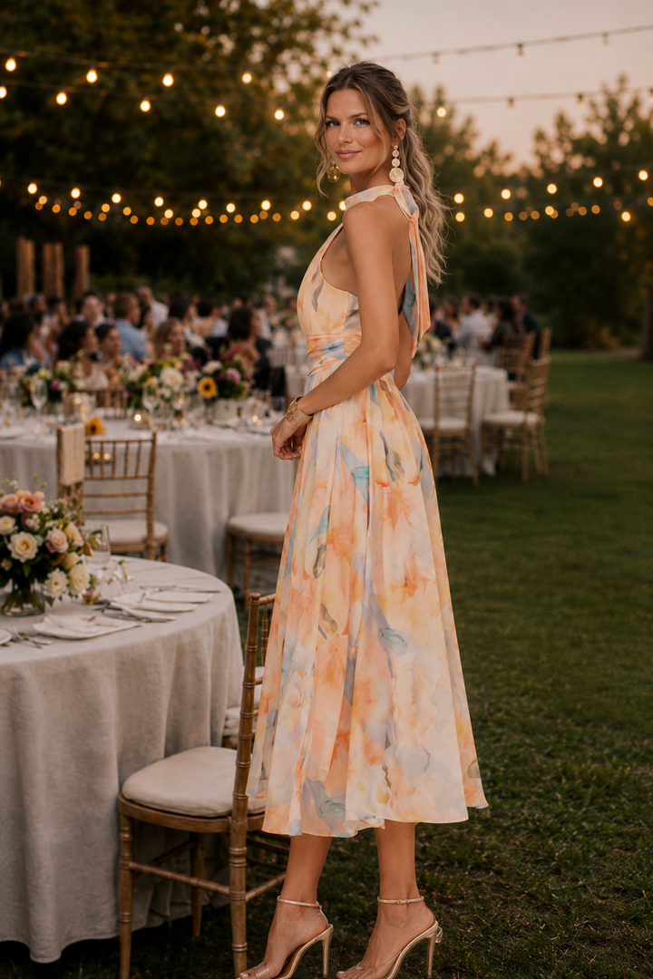 Aurora Belly-Camouflaging Halter Dress with Watercolor Print, view 4 - Elena Harper