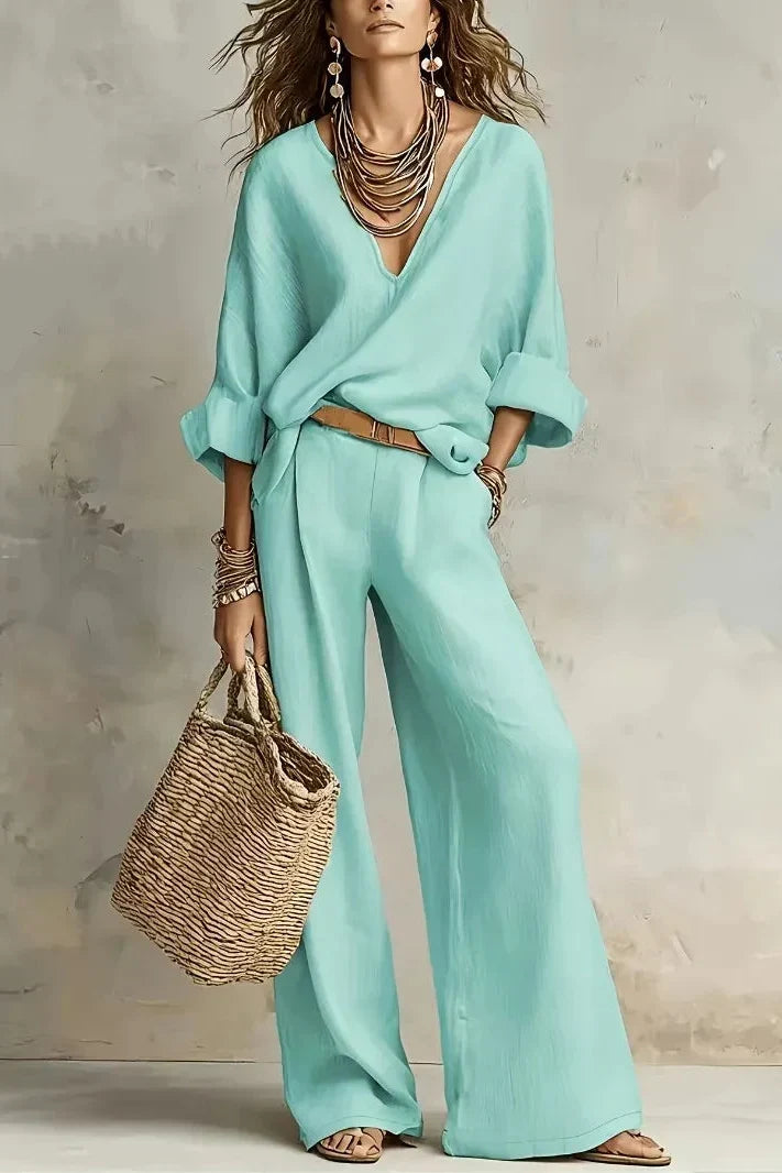 Fluid Women's Ensemble with V-Neck and Wide Pants