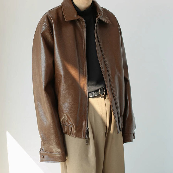 Short Leather Jacket with Zipper for Men - Emar