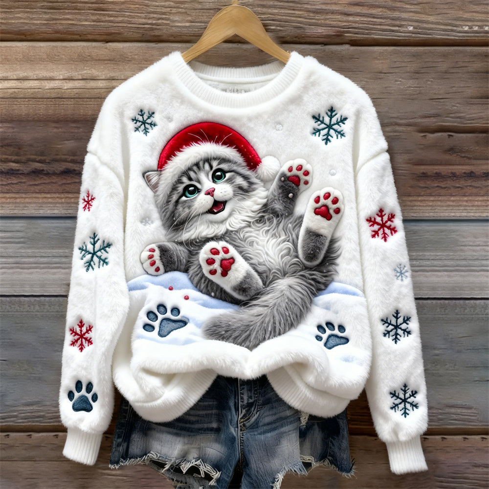 Cotton Sweater with Santa Cat and Snowflake Accents - Elena Harper