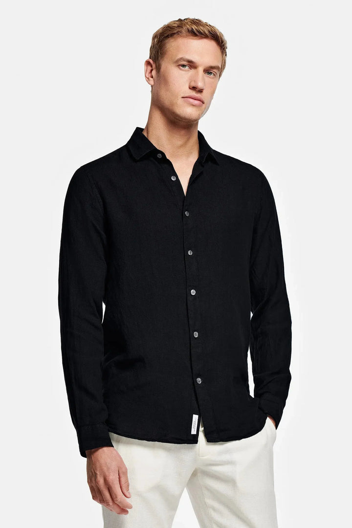 Puento Fortade Black Linen Shirt Regular Fit Essential Black, view 3 - Elena Harper