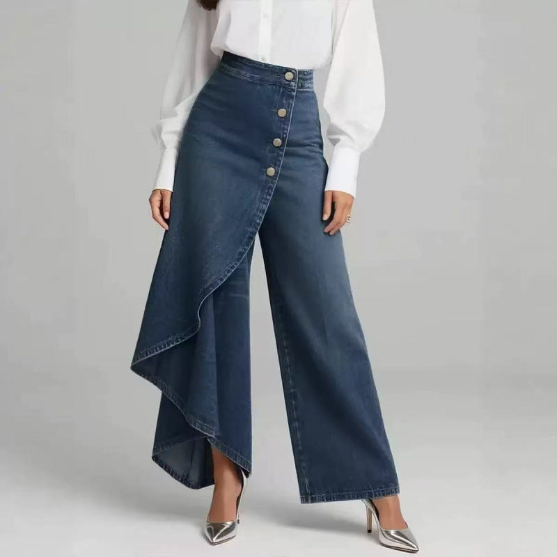 Gonna-Pants for Women in Washed Denim with Button Closure, view 2 - Elena Harper