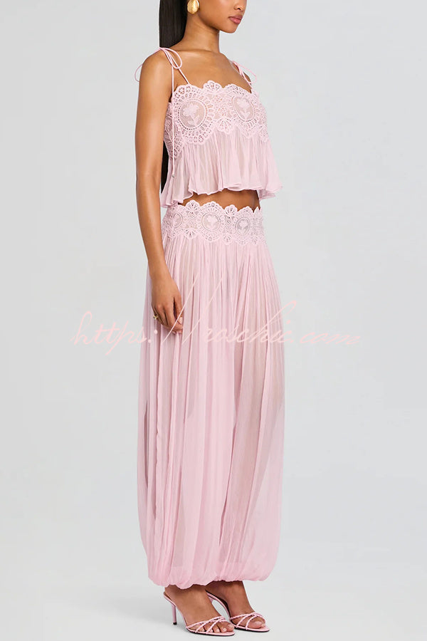 Dreamy Crinkle Chiffon Lace Trim Tank and High Rise Loose Lantern Pants Set
