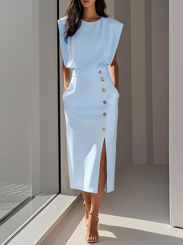 Emma | Ladies Button Detail Sleeveless Midi Dress