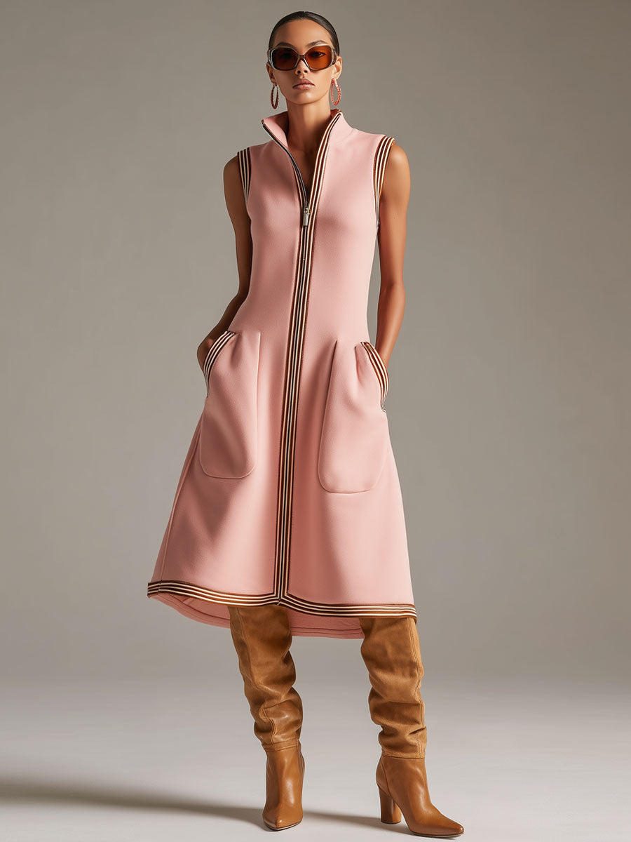 Sporty Retro Striped Ribbed Pink Cotton Blend Sleeveless Midi Dress, view 4 - Elena Harper