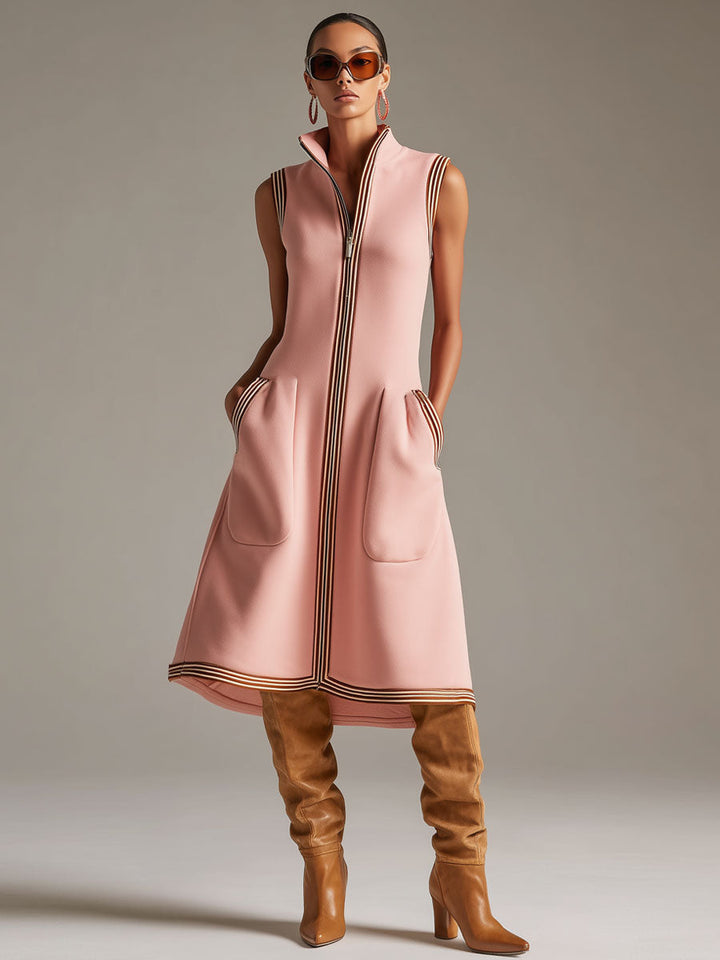 Sporty Retro Striped Ribbed Pink Cotton Blend Sleeveless Midi Dress, view 4 - Elena Harper