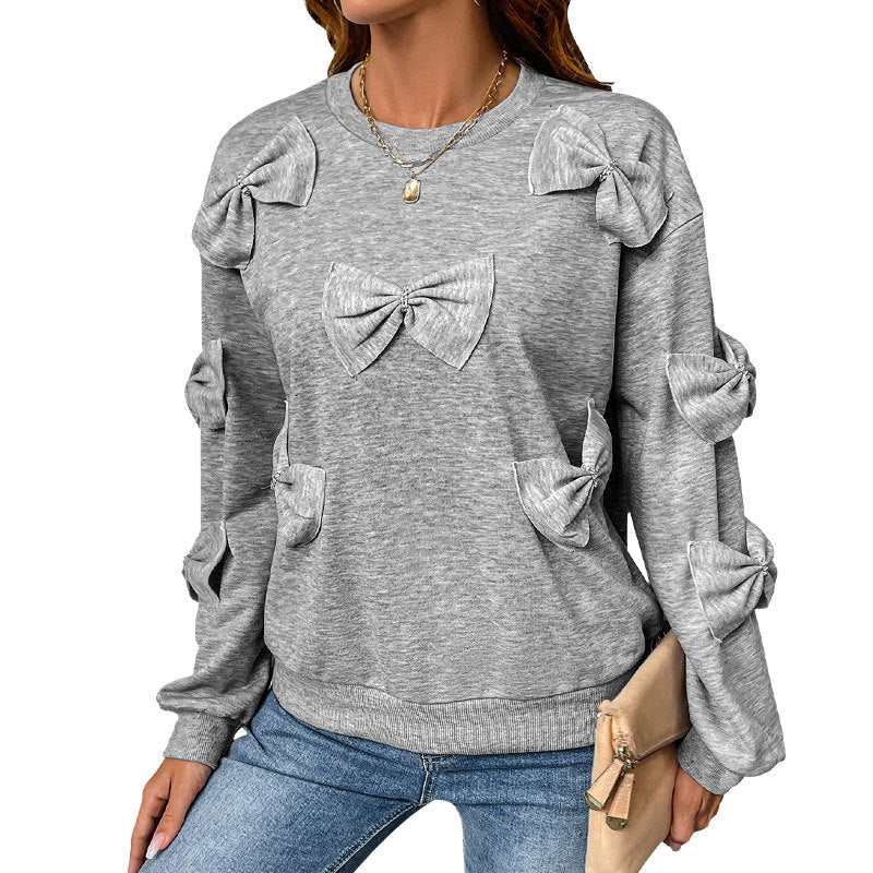 Women's Soft Knotted Sweater – Casual Gray Round Neck Sweatshirt