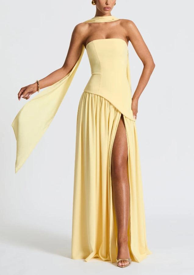 Amaris Stylish Maxi Dress with Slit and Bow Detail - Elena Harper