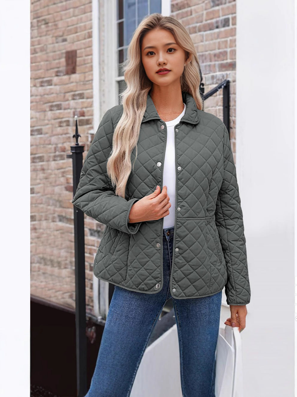 Women's Solid Quilted Jacket – Casual Style with Warm Notched Collar