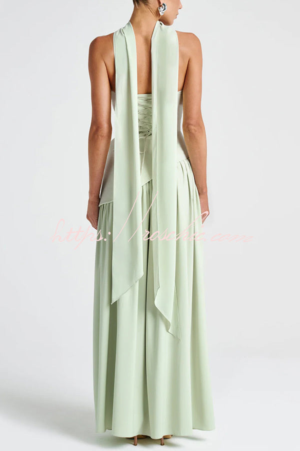 Elegant Off Shopulder Chiffon Pleated Hem Scarf Slit Maxi Dress
