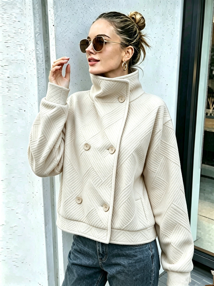 Double-breasted women's coat with high collar - Elegant and warm
