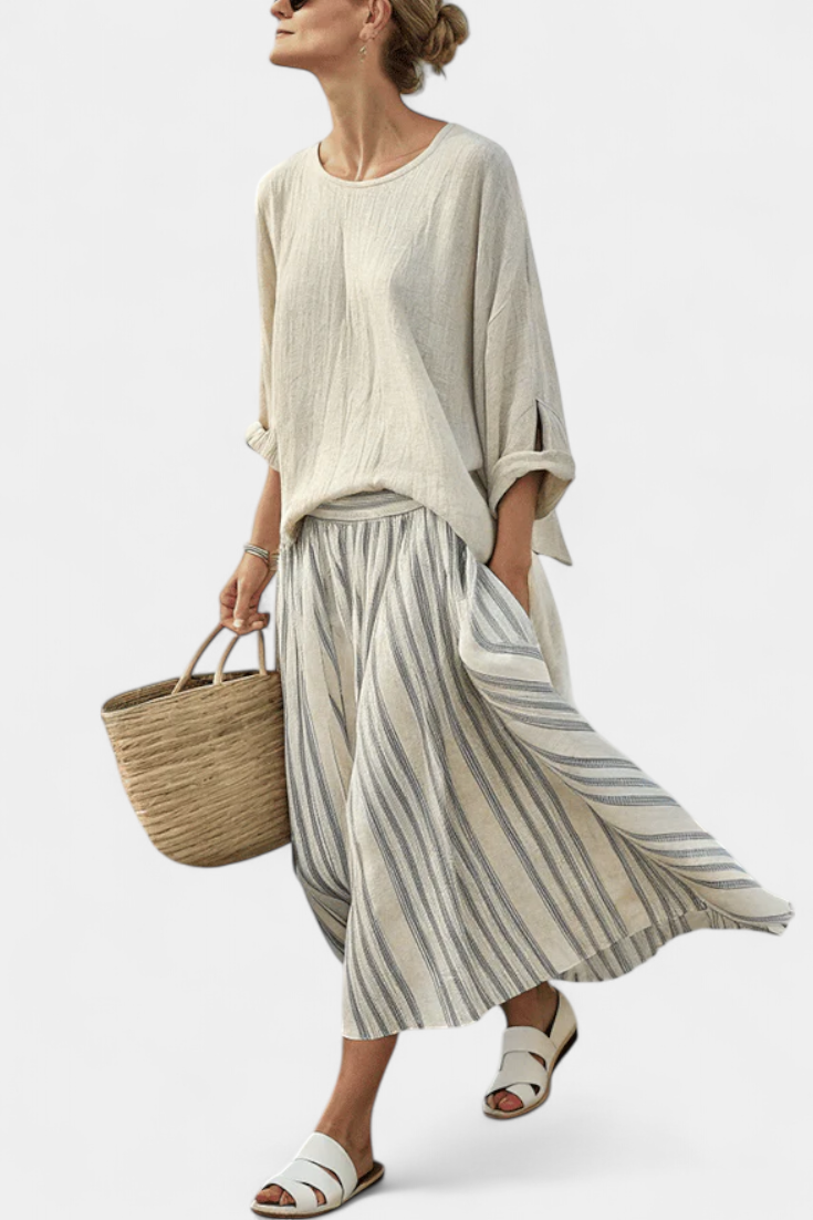 Aurcyn Comfortable Loose Blouse & Striped Midi Skirt - Elena Harper