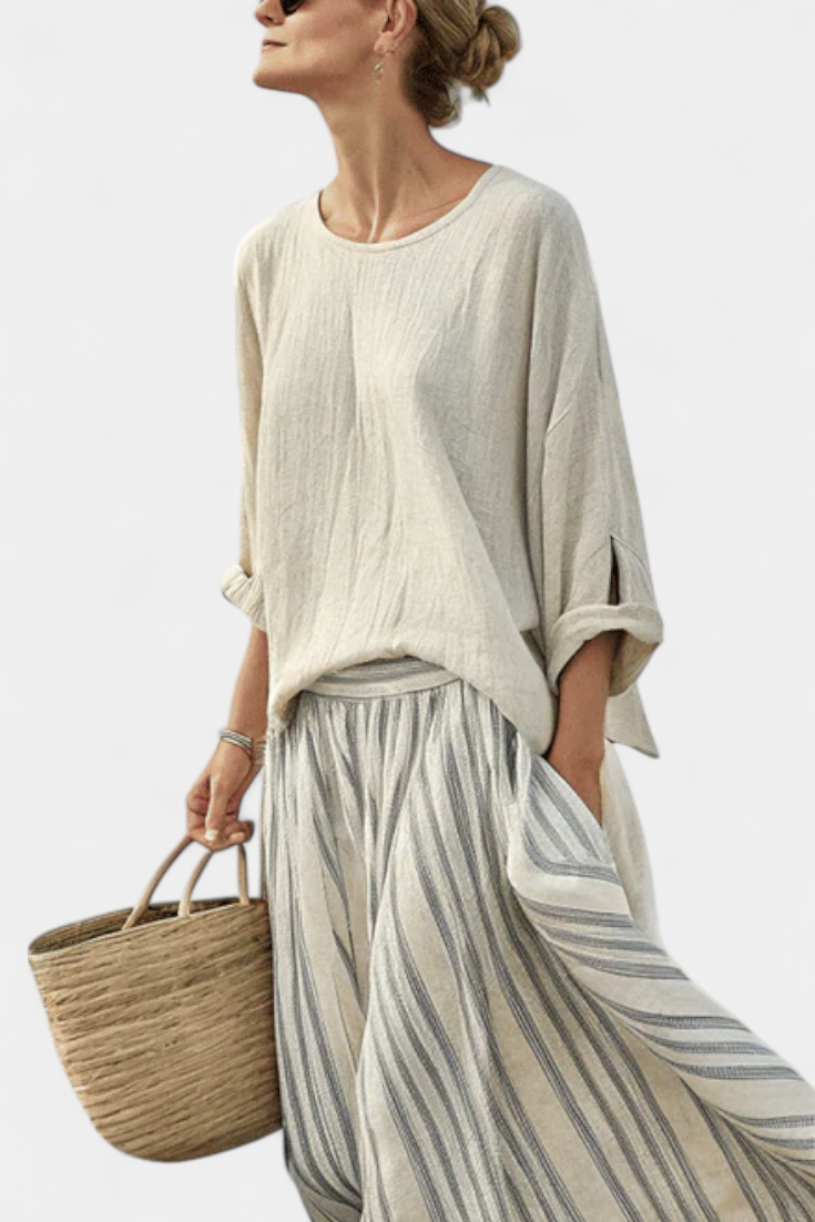 Aurcyn Comfortable Loose Blouse & Striped Midi Skirt - Elena Harper