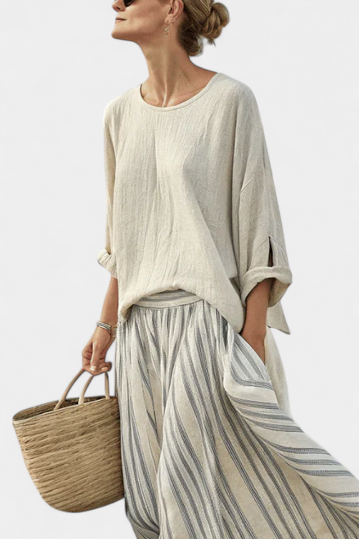 Aurcyn Comfortable Loose Blouse & Striped Midi Skirt - Elena Harper