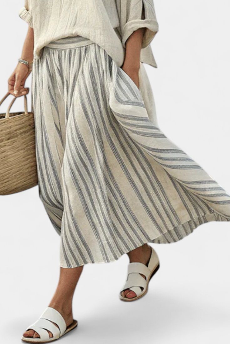 Aurcyn Comfortable Loose Blouse & Striped Midi Skirt - Elena Harper