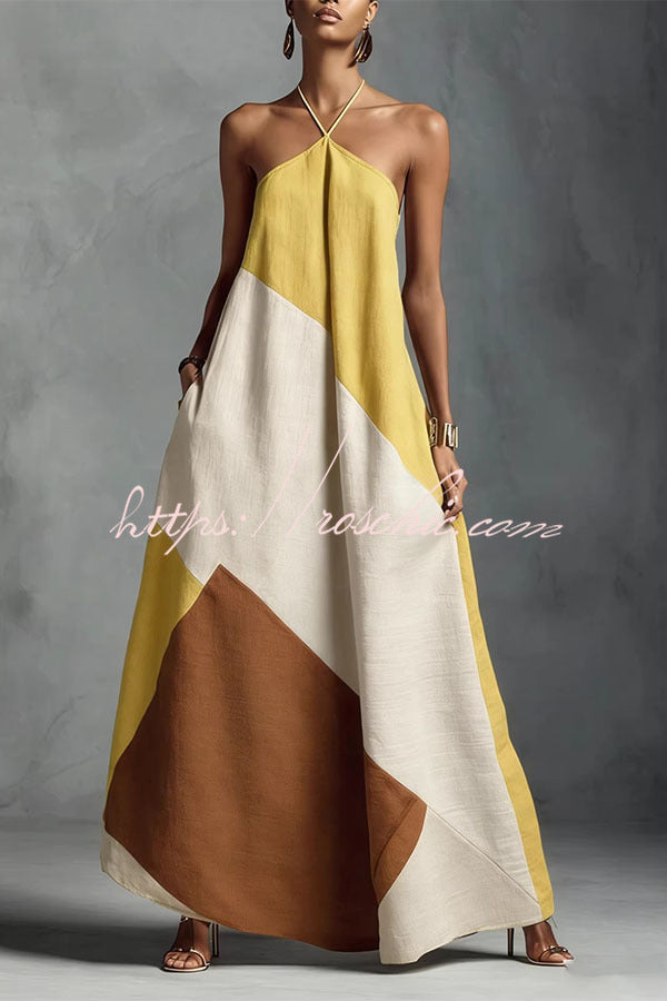 Tuscan Sun Geometric Patchwork Halter Dress
