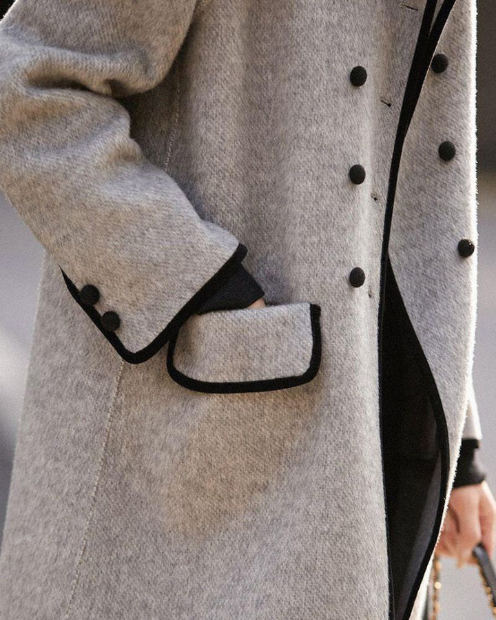 Premium Contrast Wool Coat for Women – Elegant Buttoned Design