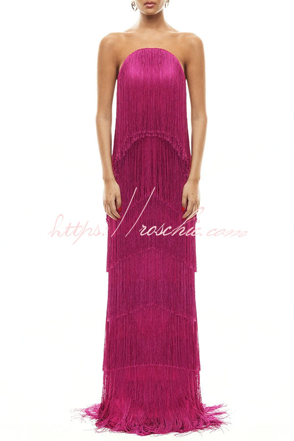 Party Queen Layered Tassel Design Off Shoulder Back Tie-up Maxi Dress (Shipped Within 24 Hours)