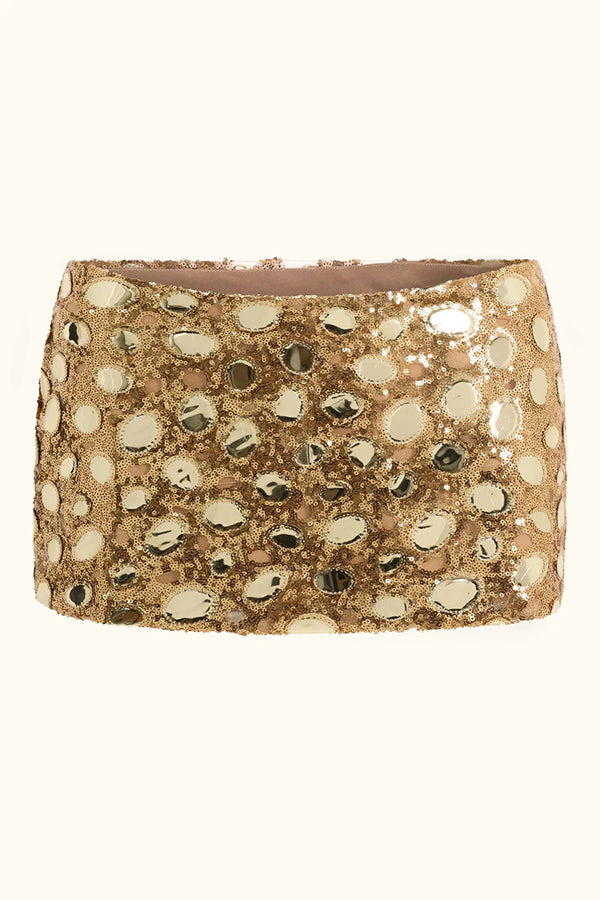 Uniquely Radiant Gold Sequin "mirror" Fabric Mid Rise Mini Skirt