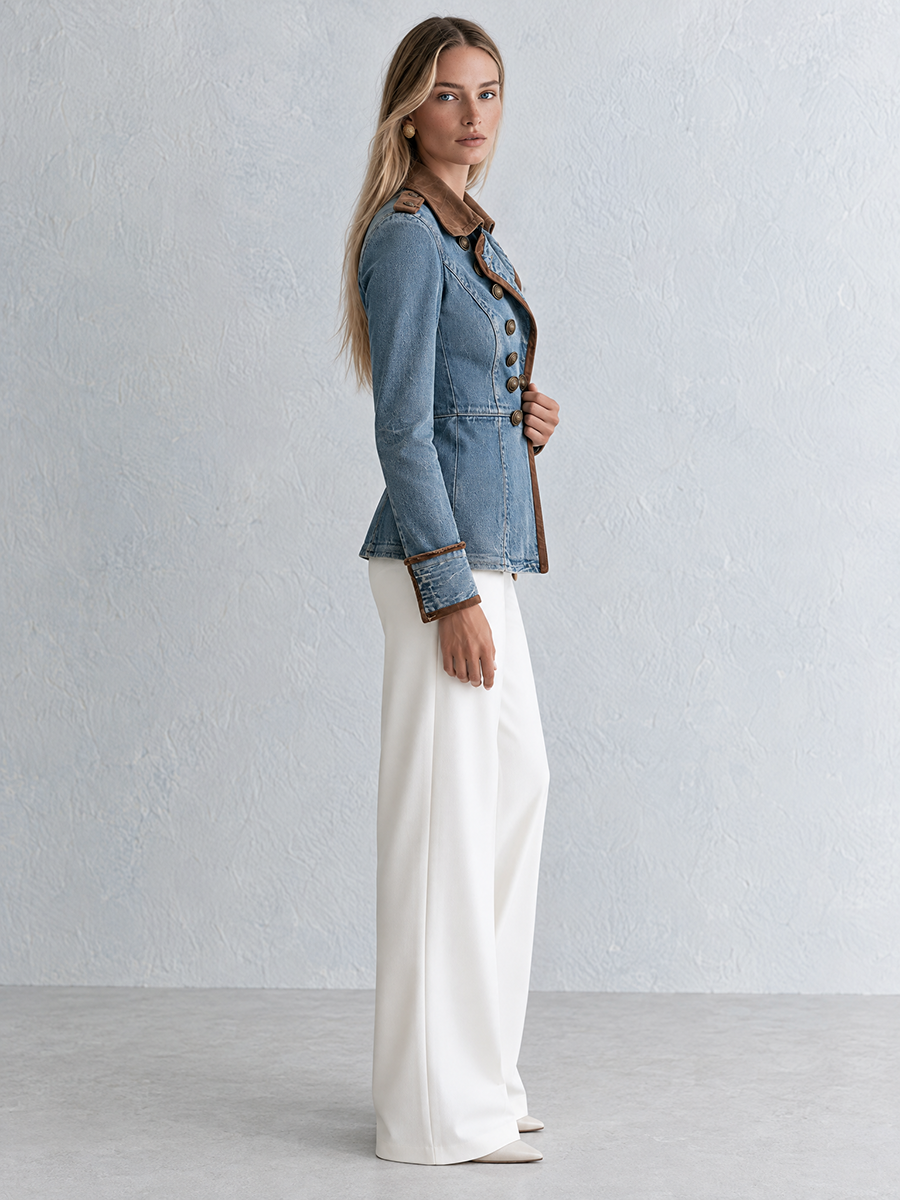 Military Denim Peplum Jacket With Faux Suede Jacket