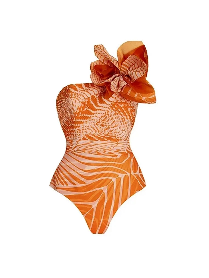 One-Shoulder Floral Salmon Print Swimsuit, view 4 - Elena Harper