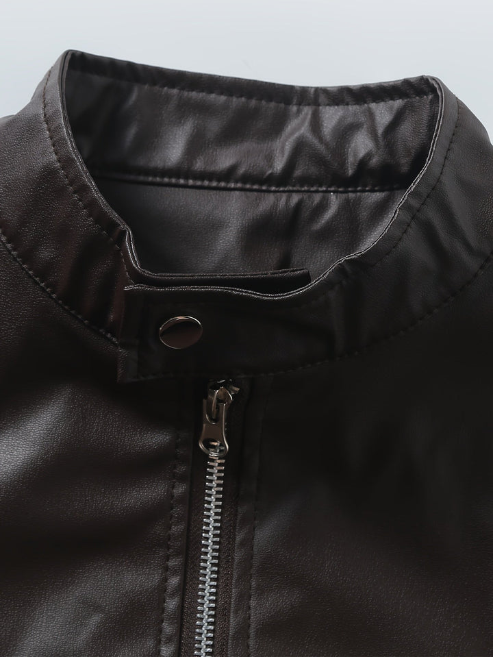 Roman Stand-Collar Moto Jacket, view 8 - Elena Harper