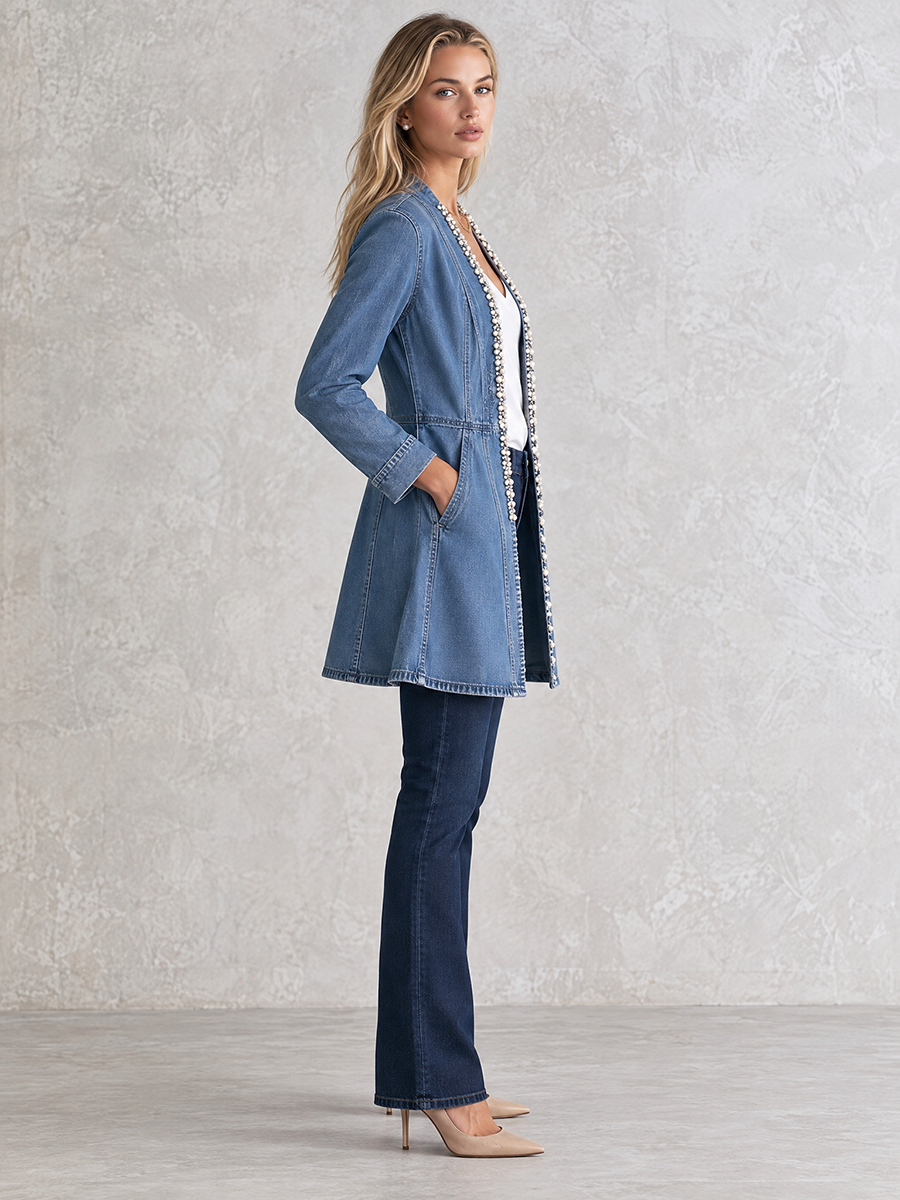Elegant Chic Pearl Trim Open Front Longline Denim Duster Jacket