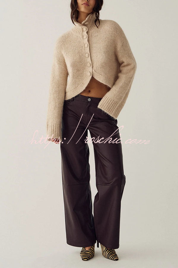 Martina Solid Color Knit High Neck Button Long Sleeve Wave Hem Crop Cardigan