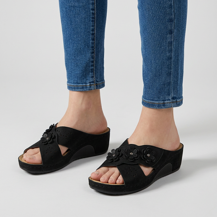 Amycca Comfortable Wedge Slippers with Floral Applications, view 2 - Elena Harper