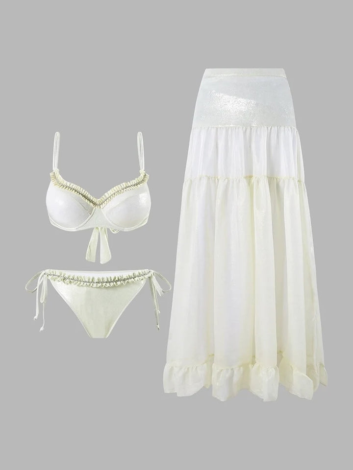 Ruched Tie-String Glossy White Bikini Set