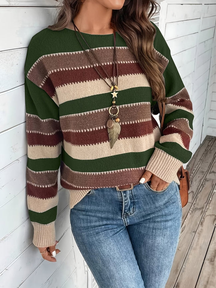Women's Striped Knit Sweater with Round Neck