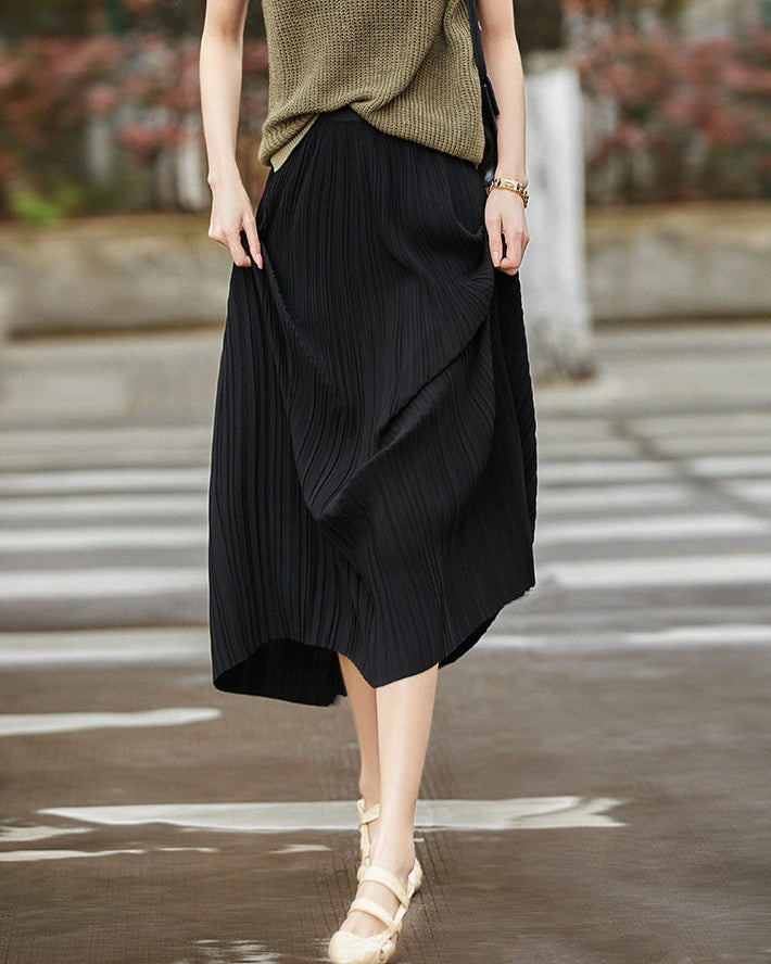 Mid-Length Pleated Skirt in Solid Color | Perfect for Autumn