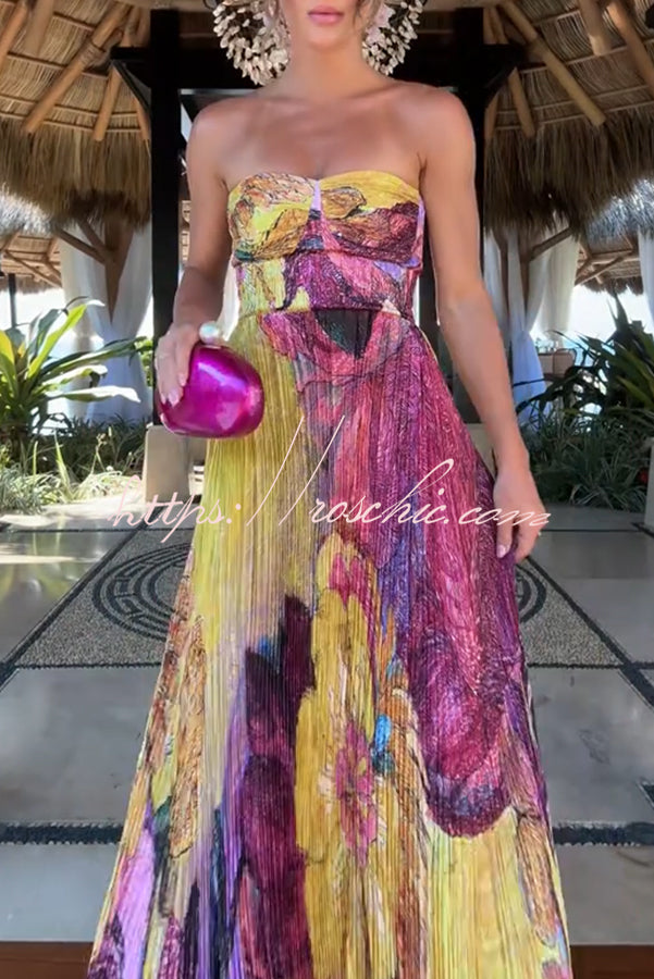 Vibrant and Bold Floral Print Sweetheart Neck Pleated Maxi Dress