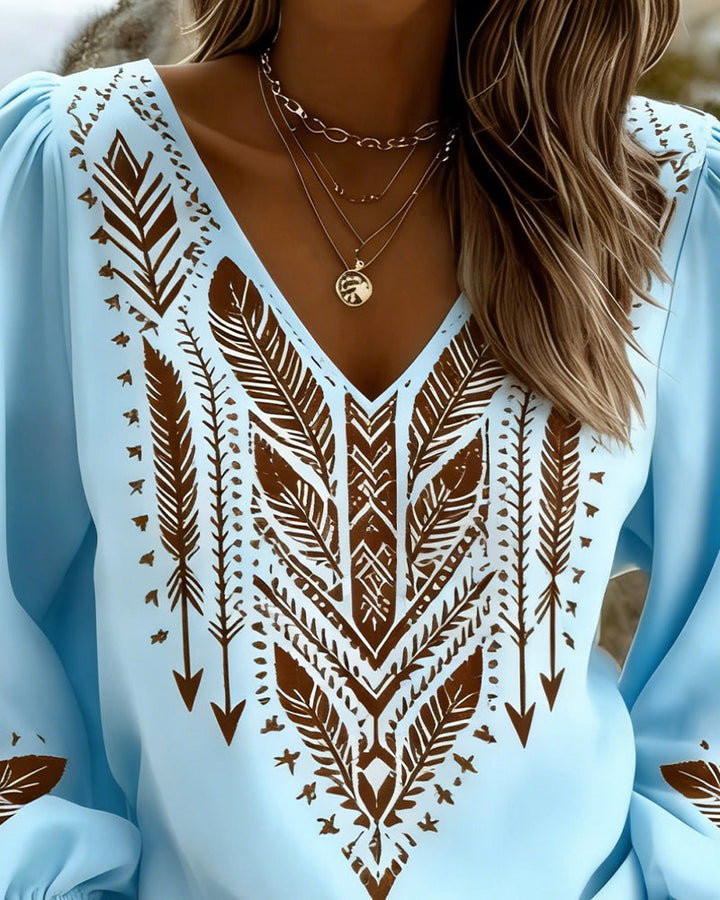Bohemian Women's Blouse with V-Neck and Puff Sleeves