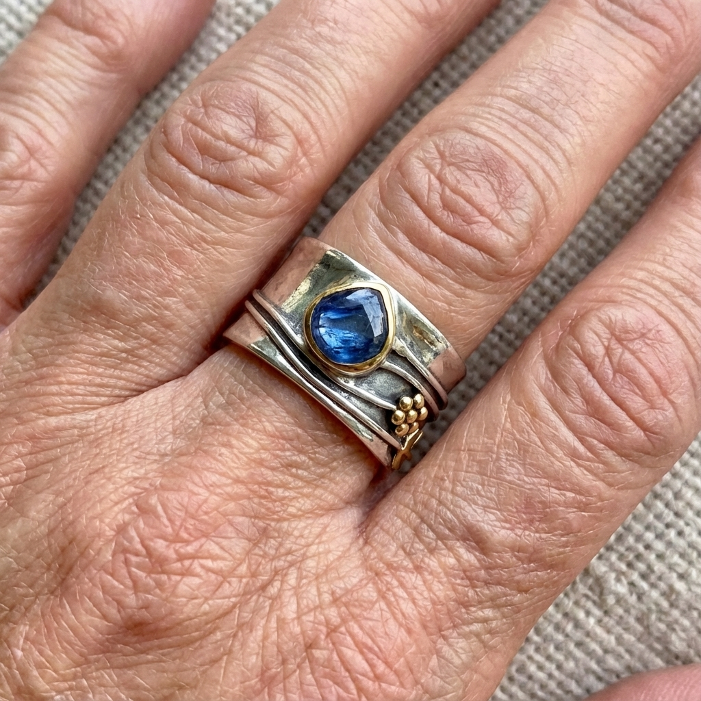 Blue Stone Silver & Gold Wide Band Ring