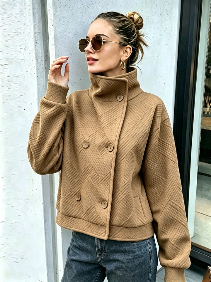 Double-breasted women's coat with high collar - Elegant and warm