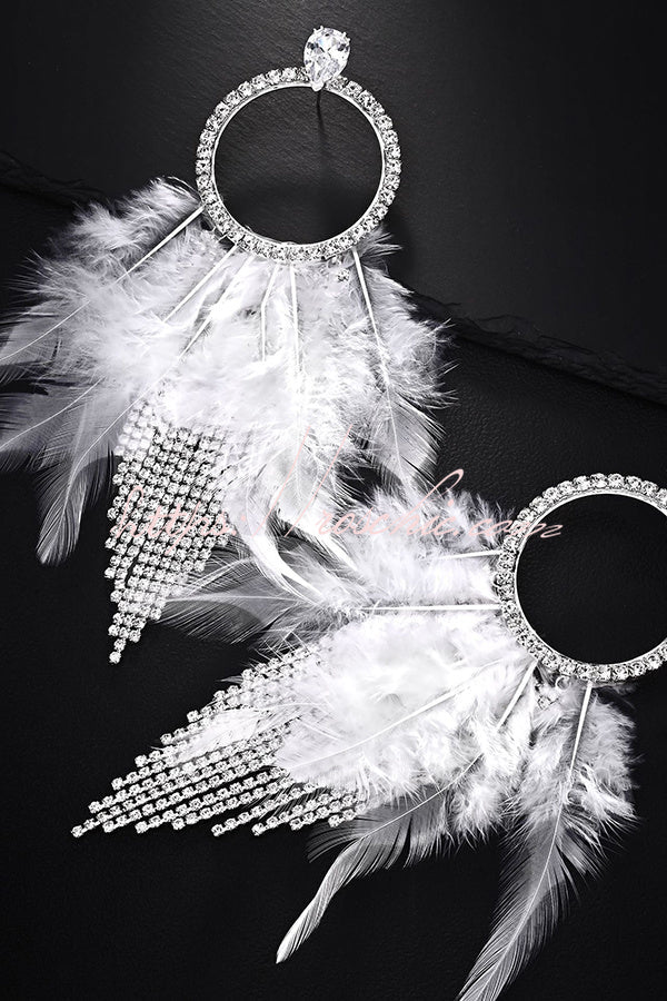 Rhinestone and Feather Tassel Earrings