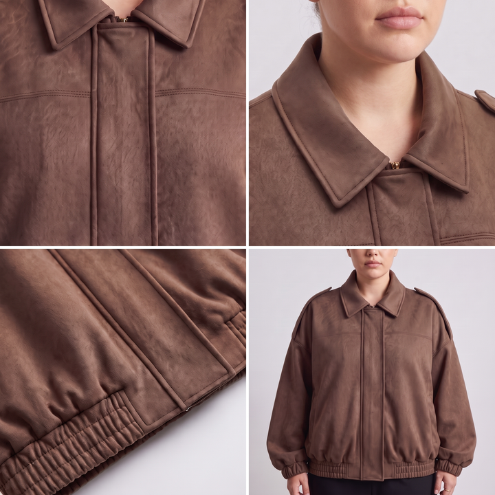 Mila | Elegant Cropped Suede Bomber Jacket with Collar