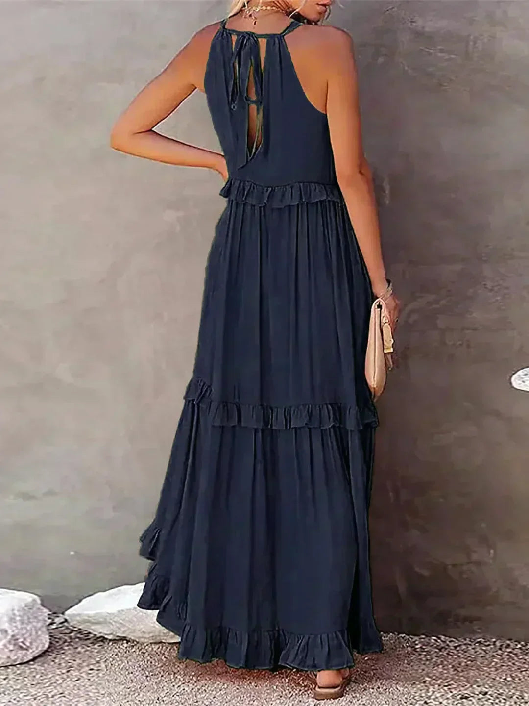 Delilah Elegant Halter Neck Ruffle Trim Dress - Elena Harper