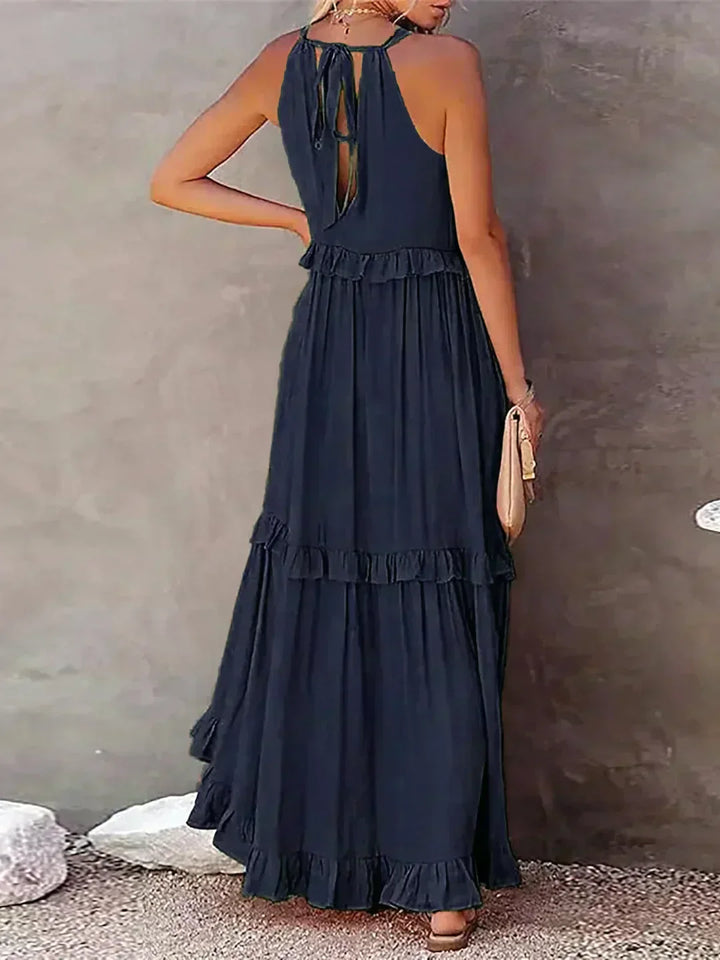 Delilah Elegant Halter Neck Ruffle Trim Dress - Elena Harper