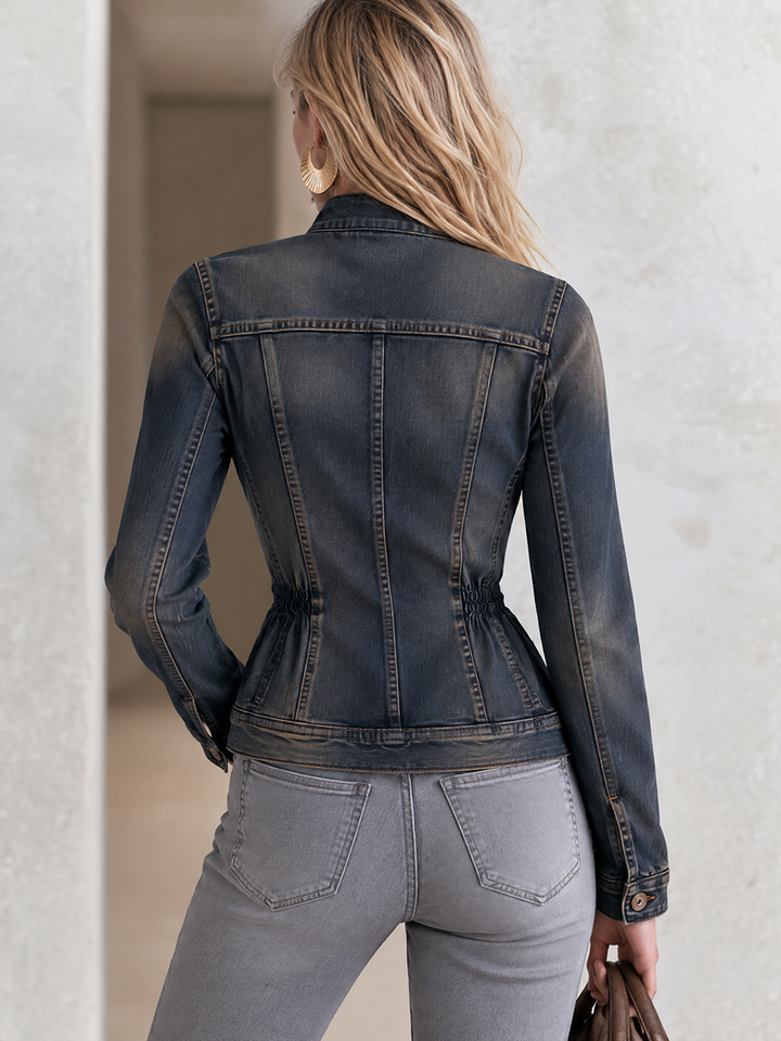 Vintage Grunge Dark Wash Stand Collar Cinched Waist Fitted Denim Jacket, view 6 - Elena Harper