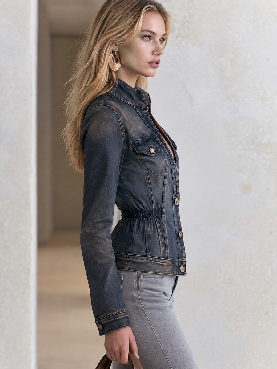 Vintage Grunge Dark Wash Stand Collar Cinched Waist Fitted Denim Jacket, view 5 - Elena Harper