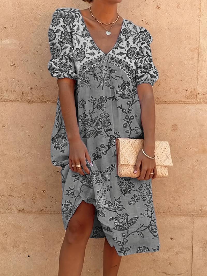Abida Puff Sleeve V-Neck Multicoloured Dress