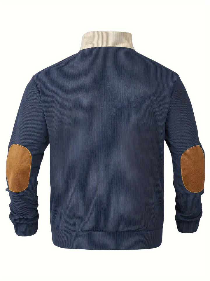 Men's Ribbed Quarter Button Sweater with Elbow Patches, view 8 - Elena Harper