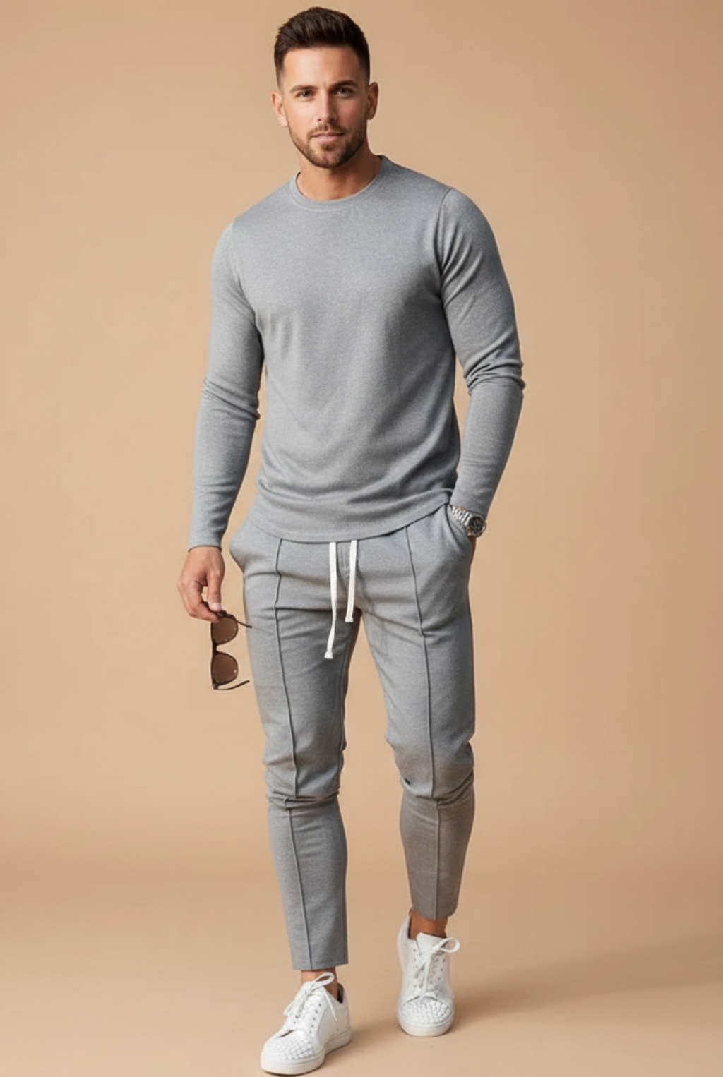 Men's Slim Fit Set – Long Sleeve Top and Slim Leg Pants with Drawstring for Casual Use