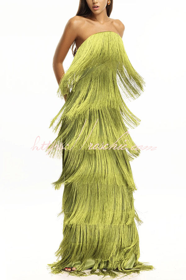 Party Queen Layered Tassel Design Off Shoulder Back Tie-up Maxi Dress (Shipped Within 24 Hours)