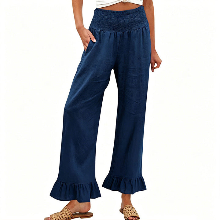 Wide Leg Women's Smocked Waist Cotton Linen Ruffled Bottom Boho Pants