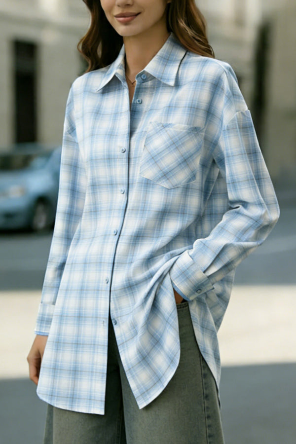 Plaid Print Loose Collar Long Sleeve Pockets Casual Shirt